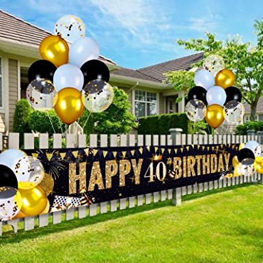 40th Birthday Decorations - Happy 40th Birthday Banner Balloons Kit - Black Gold 40th Birthday Party Decoration Supplies 237*37cm