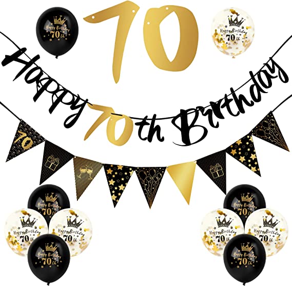 "70th Birthday Decorations Kit: Black Gold Happy 70th Birthday Banner, Triangle Flag Banner, Confetti Latex Balloons"