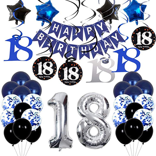 "Navy Blue 18th Birthday Decorations: Swirls, Banner & Balloons for Boys/Girls"