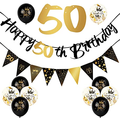 "12-Piece 50th Birthday Decorations Kit: Black Gold Banner, Triangle Flag Banner, Confetti Latex Balloons"