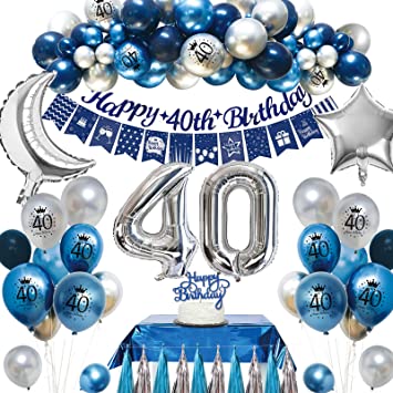 40th Birthday Decorations Men - 40th Birthday Balloons Navy Blue Metallic Blue Silver Balloon Kit - Happy 40th Birthday Banner, 40 Foil Balloon, Tablecloth, Cake Topper for