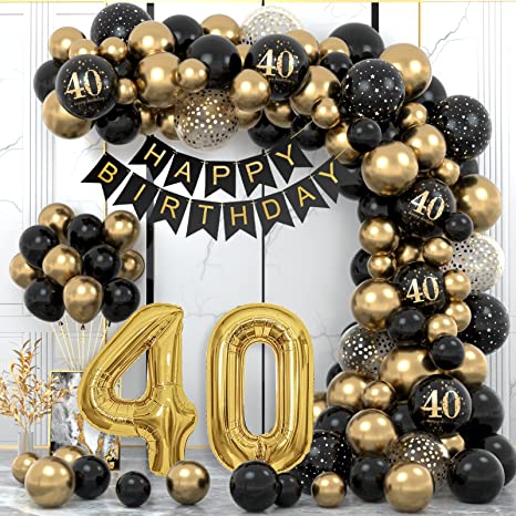 40th Birthday Decorations for Men Women - Black Gold 40th Birthday Balloons Party Decorations with 40th Happy Birthday Banner, Happy Birthday Garland Balloons - Black Gold