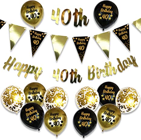 Blue Planet Fancy Dress Black and Gold 40th Birthday Decorations Bunting Banner Latex Confetti Balloons - Party Supplies Kit for Men Women Boys Girls Age 40 (40th Birthday)