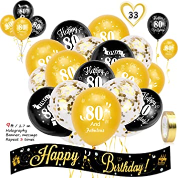 "HOWAF 80th Birthday Decoration Kit - Black Gold Foil Banner, Balloons"