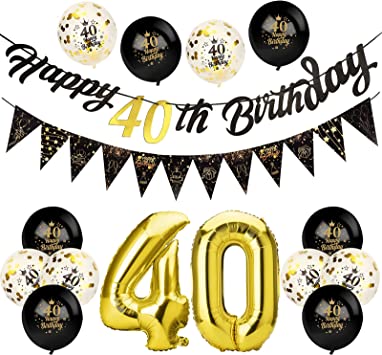 Afirbeone 40th Birthday Decorations Set - Including Black Gold Happy 40th Birthday Banner, Triangle Flag Banner, Confetti Latex Balloons, and Aluminum Foil Balloons - Birthd