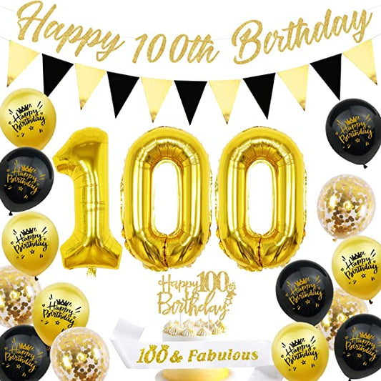 "Black Gold 100th Birthday Party Decorations - Banner, Triangle Flag, Cake Topper"