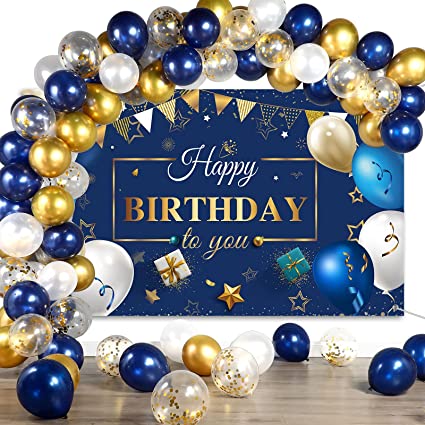 "Navy Blue Birthday Confetti Balloons Kit: Blue Birthday Backdrop Banner Package"