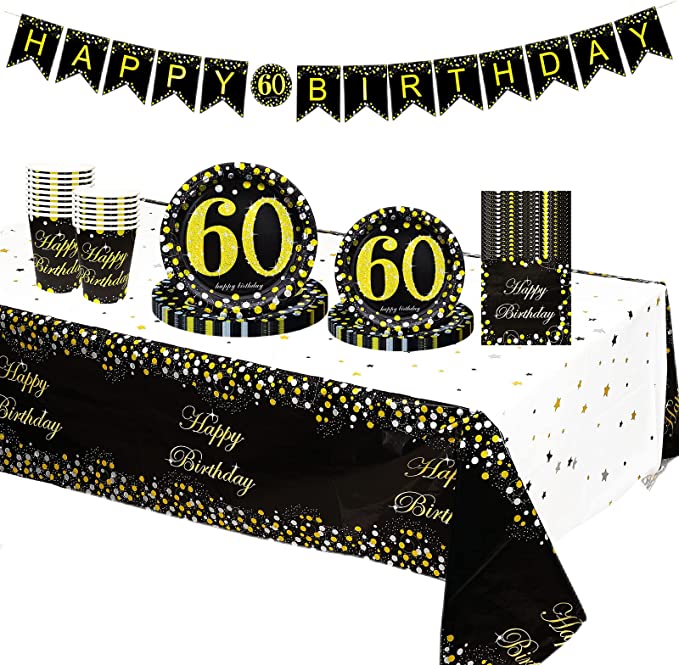 "Black Gold 60th Birthday Tableware Set: Banner, Table Cloth, Paper Plates, Napkins, Cups for Men and Women"