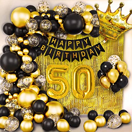 "Complete 50th Birthday Decorations Set: Banner, Crown Balloon, Fringe Curtains, and Balloon Arch"