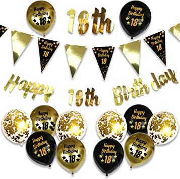 "Black and Gold 18th Birthday Decorations Kit: Bunting, Confetti Balloons & Party Supplies"