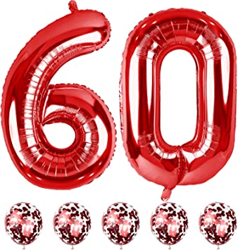 "Red Number 60 Balloons and Confetti Balloons: 6th Anniversary Party Decorations"