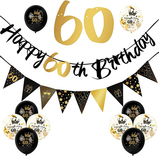 "12-Piece 60th Birthday Decorations Kit: Black Gold Happy 60th Birthday Banner, Triangle Flag Banner, Confetti Latex Balloons"