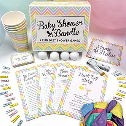 Baby Shower Bundle of Games and Decoration - premium kit for a memorable shower or fun gender reveal party - 7 hilarious games and activities for guests of all ages