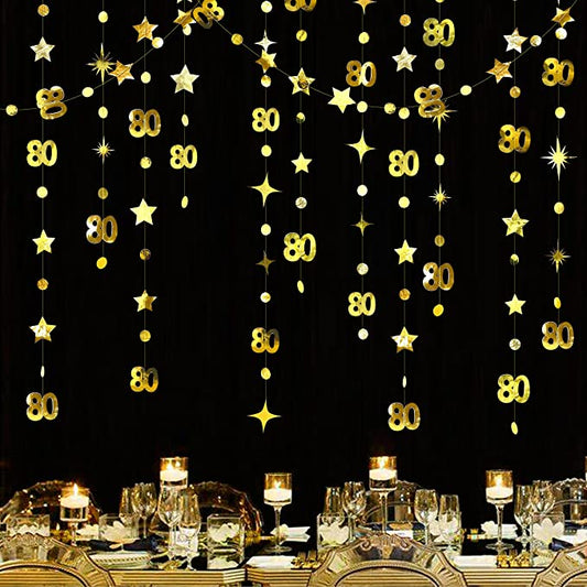 "Gold 80th Birthday Party Decorations - Circle Dot Twinkle Star Garland - Anniversary Supplies"