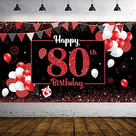 "80th Birthday Backdrop Banner - Red and Black Party Decoration"