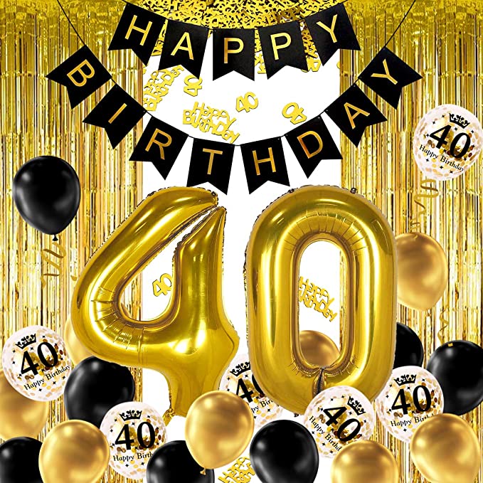 iZoeL 40th Black Gold Birthday Party Decoration - Happy Birthday Banner, Helium Number 40 XXL, 2 Gold Fringe Curtain, Latex Confetti Balloon, Table Confetti - for Men, Girls