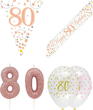 "Complete 80th Birthday Party Decorations Kit - White Rose Gold Theme - Balloons, Banner, Bunting, Candle"