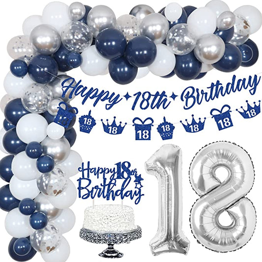 "Navy Blue Silver 18th Birthday Decorations: Banner, Cake Topper & Balloon Garland Kit"