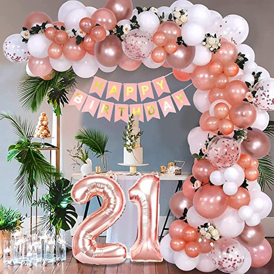 Rose Gold 21st Birthday Balloon Arch Garland Kit with Happy Birthday Banner