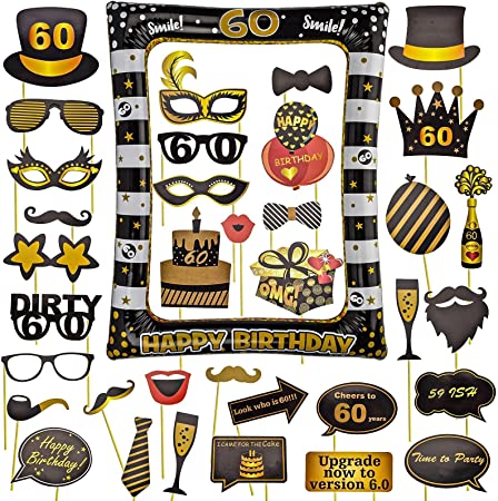 " 60th Birthday Inflatable Selfie Frame and Photo Booth Props: Black and Gold Party Decorations"