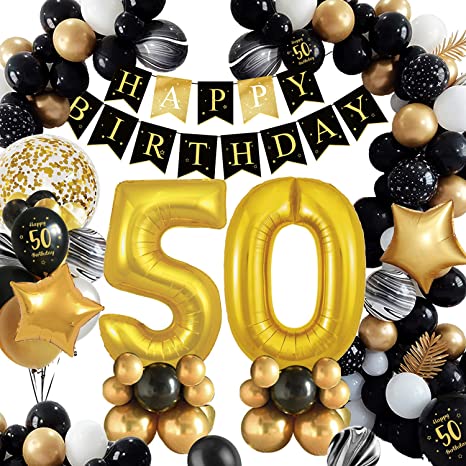 adaziau 50th Birthday Decorations Men Women - Black Gold 50th Party Balloon Kit with 50th Birthday Banner, Helium Number 50 Foil Balloon and Confetti Balloons - for Birthda