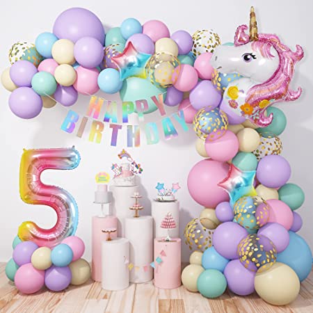 5th Unicorn Balloons Arch Garland Set for Birthday Party Decorations - Girl, 120Pcs Pastel Macaron Balloon Kit with Confetti Purple Pink Huge 3D Unicorn Foil Age Balloons -