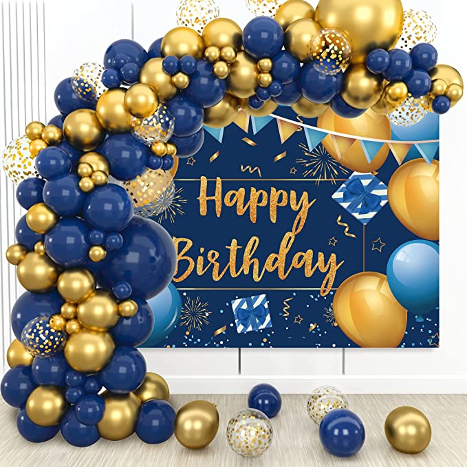 Navy Blue Balloon Arch Kit with Happy Birthday Banner Backdrop - Blue and Gold Birthday Party Decorations for Boys Men Women - Navy Blue Gold Balloons Garland for Birthday D