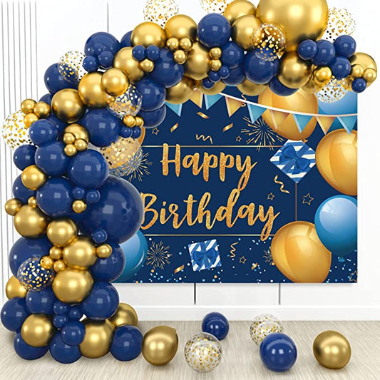 Navy Blue Balloon Arch Kit with Happy Birthday Banner Backdrop - Blue and Gold Birthday Party Decorations for Boys Men Women - Navy Blue Gold Balloons Garland for Birthday D