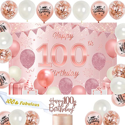 "Rose Gold Happy 100th Birthday Decorations - Backdrop, Balloons, Cake Topper, Sash"