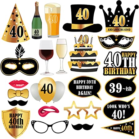 NiCoLa 40th Birthday Photo Booth Props - Black and Gold 40th Birthday Party Decorations for Men Women - Happy Birthday Party Photobooth Props Funny Selfie Props Kit Supplies