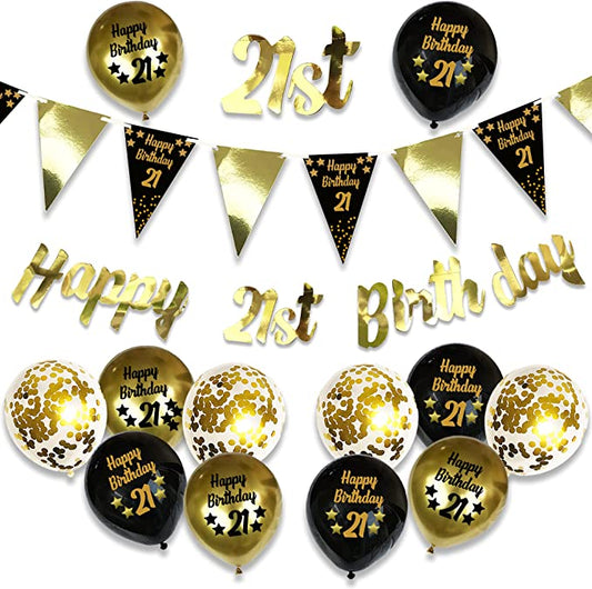 Blue Planet Fancy Dress Black and Gold 21st Birthday Decorations - Bunting Banner, Latex Confetti Balloons Party Supplies Kit for Men, Women, Boys, Girls (Age 21)