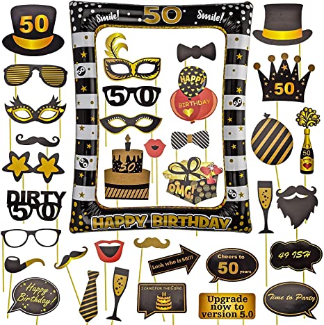 " 50th Birthday Inflatable Selfie Frame and Photo Booth Props: Black and Gold Party Decorations"