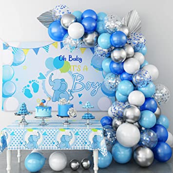 Baby Shower Decoration Boy Blue Birthday Party Decorations Kit with Elephant Backdrop Banner Tablecloth Blue Silver Whit