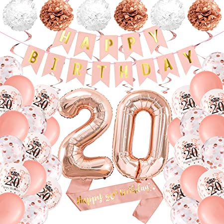 "20th Rose Gold Birthday Decoration Kit: Banner, Balloons & Paper Pompoms"