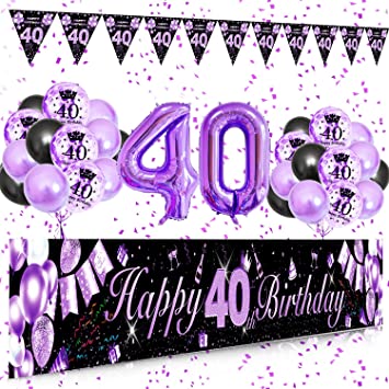 SWPEED 40th Birthday Decorations for Women - 40th Birthday Decoration Kit with Purple Gold Happy 40th Birthday Banner, Black Purple Gold Balloons Confetti Balloons, Number 4