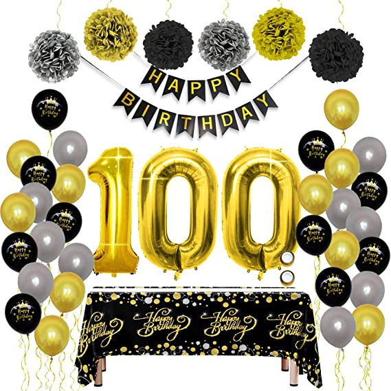 "Black Gold 100th Birthday Decorations - Banner, Pom Poms, Number Balloon, Tablecloth"