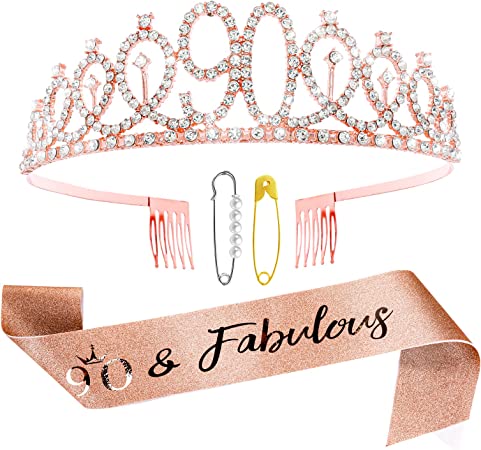 "Rose Gold 90th Birthday Sash and Tiara Kit - Fabulous Gift for Women - Party Decorations"