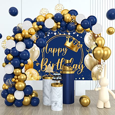 Navy Blue Balloon Arch Kit with Happy Birthday Backdrop - Navy Blue Gold Balloons Garland with Happy Birthday Banner - Blue and Gold Birthday Balloons for Men Boy Birthday P