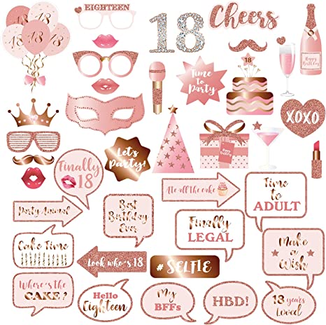 "Rose Gold 18th Birthday Party Photo Booth Props and Signs Kit | Girls' Eighteenth Party Decorations"