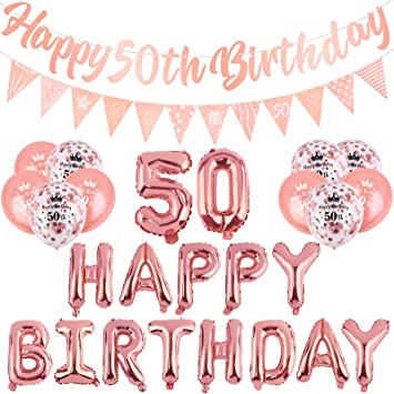 "Rose Gold 50th Birthday Decorations Kit: Banner, Triangle Flag, Balloons, and Confetti"