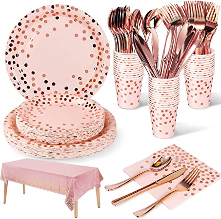 Nkaiso Pink and Rose Gold Party Tableware Set - 141 Pieces Paper Tableware for Wedding, Shower, Birthday (20 Guests)