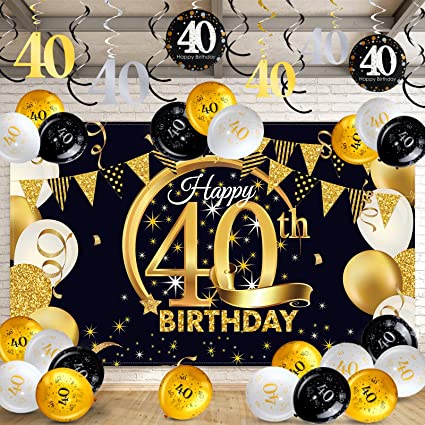 Happy 40th Birthday Party Decorations Kit - Black and Gold Glittery Happy 40th Birthday Backdrop Banner Hanging Swirls Balloon - Men Women 40th Birthday 40 Years Old Party D