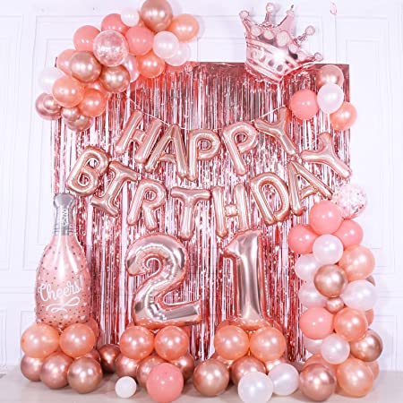 Rose Gold 21st Birthday Decorations for Her - Balloon Banner, Number 21 Foil Balloon, Champagne Balloon Arch Kit