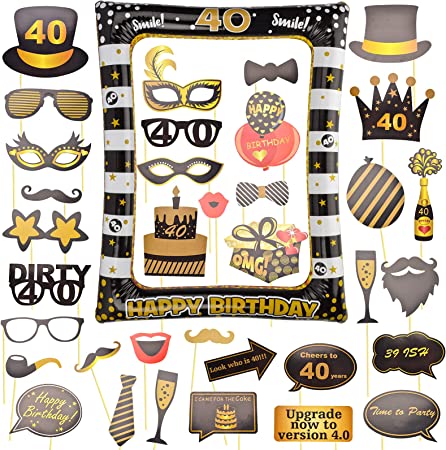 40th Birthday Inflatable Selfie Frame and Photo Booth Props - Black and Gold Birthday Party Decorations for Women Men - Blow Up Party Prop - Family Fun Holiday Par