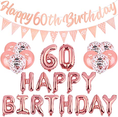 " Rose Gold 60th Birthday Decorations Kit: Happy Birthday Banner, Triangle Flag Banner, Foil Banner Balloons, and Confetti Latex Balloons"
