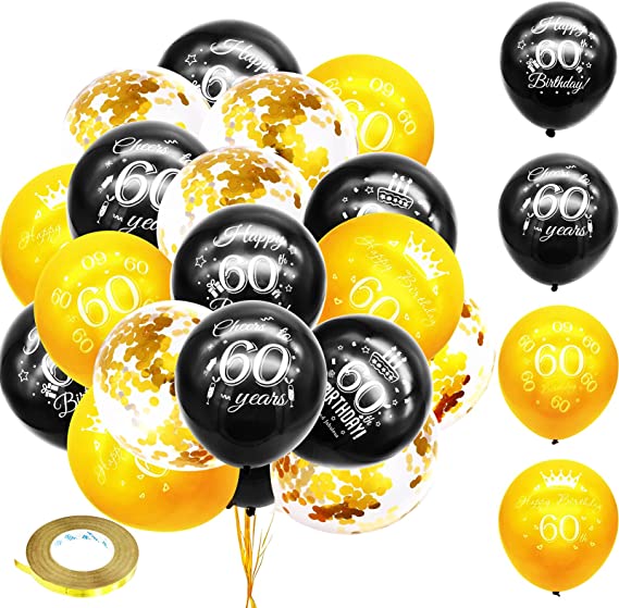 "XINDY 60th Birthday Balloon Kit: Black Gold Latex Confetti Balloons, Ribbons for Party Decoration"