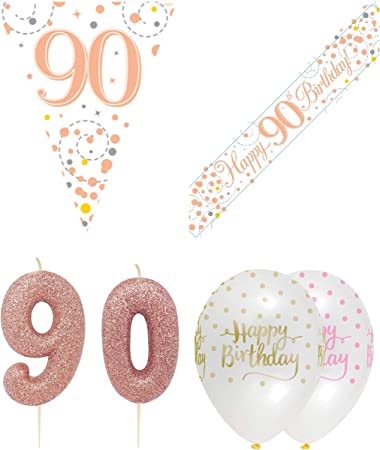 "White Rose Gold 90th Birthday Party Decorations Kit - Banner, Balloons, Bunting, Candle"