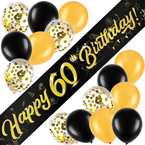 "60th Birthday Banner Decorations Kit: Gold and Black Birthday Banner, Confetti Latex Balloons"