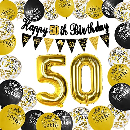 "19PCS 50th Birthday Decorations: Black and Gold Bunting, Happy Birthday Banner, Balloons for Men and Women"