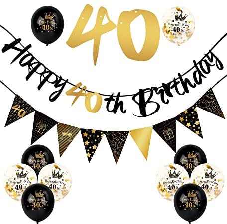 12 Pieces 40th Birthday Decorations Kit - Include Black Gold Happy 40th Birthday Banner, Triangle Flag Banner, and Confetti Latex Balloons - Party Decoration Birthday